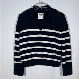 ABERCROMBIE AND FITCH WOMENS BLACK WHITE STRIPE COLLARED SWEATER BLOUSE SMALL